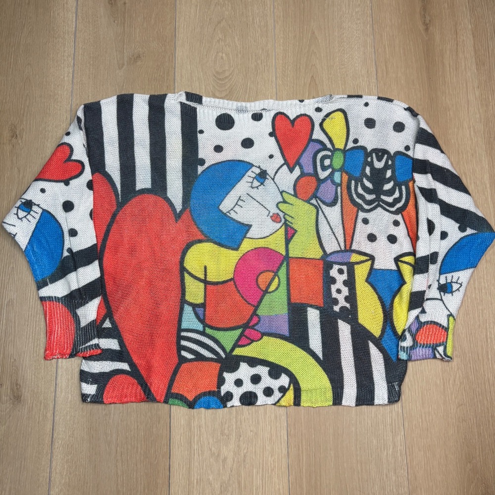 Vintage Britto Style Pop Art Graphic Knit Sweater Italy Abstract Colorful OSFA